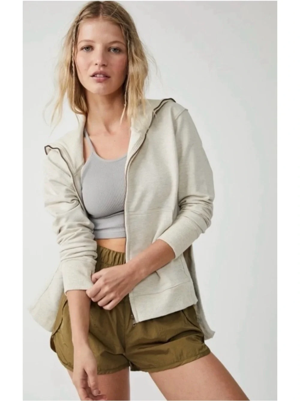 Free People Movement Baseline Gray Full Zip Sweatshirt High Low Large FP
